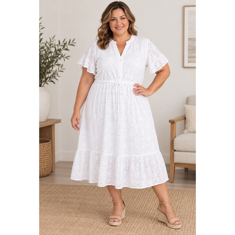 Dress Nado White Eyelet Cotton Midi Dress 2X Short Flutter Sleeve Tiered Boho